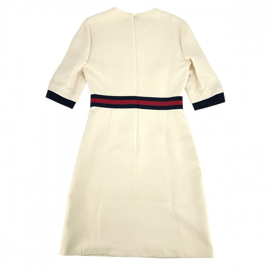 GUCCI グッチ ワンピース ウェブベルト GGボタン フレア アパレル 服 42 448541 ベージュ ウール シルク レディース【中古品】