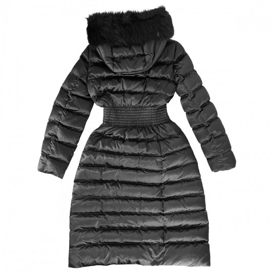 【開店SALE】 PRADA プラダ ダウンジャケット アウター ロングコート フード付き ファー ギャザー 38 29E364 ブラック 黒 シルバー金具 冬 ポリアミド レディース【中古品】