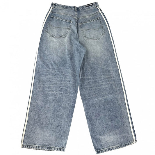 【開店SALE】 BALENCIAGA バレンシアガ デニムパンツ アディダスコラボ サイドラインバギーパンツ ボトムス ストレートパンツ adidas 服 S 724778 インディゴ シルバー金具 オールシーズン コットン メンズ【中古品】