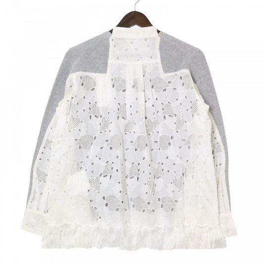 Sacai サカイ カーディガン レース 異素材ドッキング ニット アパレル 服 グレー ホワイト 白 春 秋 コットン ユニセックス【中古品】