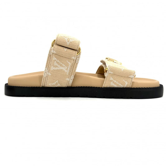 LOUIS VUITTON ルイヴィトン サンダル LVサンセットサンダル モノグラムジャガード 厚底 36 1/2サイズ 1AHNL2 ラバー キャンバス ベージュ ブラック 黒 ゴールド金具 レディース【中古品】