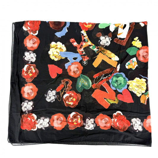 CHANEL シャネル スカーフ ロゴ フラワー ファッションアイテム 大判 小物 ココマーク 花柄 コットン ブラック 黒 レッド 赤 レディース【中古品】