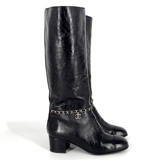 【開店SALE】 CHANEL シャネル ブーツ ココマーク ロングブーツ チェーンデザイン シューズ 靴 36サイズ 約23cm レザー ブラック 黒 ゴールド金具 レディース【中古品】