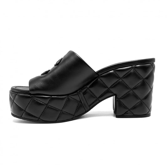 CHANEL シャネル サンダル ココマーク マトラッセ 厚底 ミュール 38サイズ 約25cm G46513 春 夏 レザー ブラック 黒 レディース【中古品】