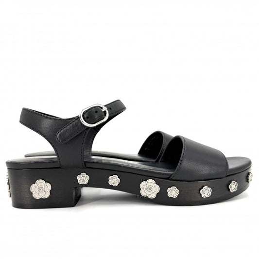 【開店SALE】 CHANEL シャネル サンダル ココマーク カメリア 靴 36 1/2サイズ 約23.5cm G31754 春 夏 レザー ウッド ブラック 黒 シルバー金具 レディース【中古品】