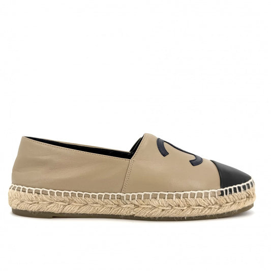 【開店SALE】 CHANEL シャネル スニーカー エスパドリーユ フラットシューズ ココマーク スリッポン 靴 38サイズ 約24.5cm G29792 レザー ベージュ ブラック 黒 レディース【中古品】