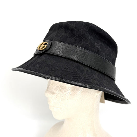 GUCCI グッチ 帽子 GGキャンバス バケットハット ダブルG ファッションアイテム Lサイズ 576587 ポリエステル コットン ナイロン ブラック 黒 ゴールド金具 ユニセックス【中古品】