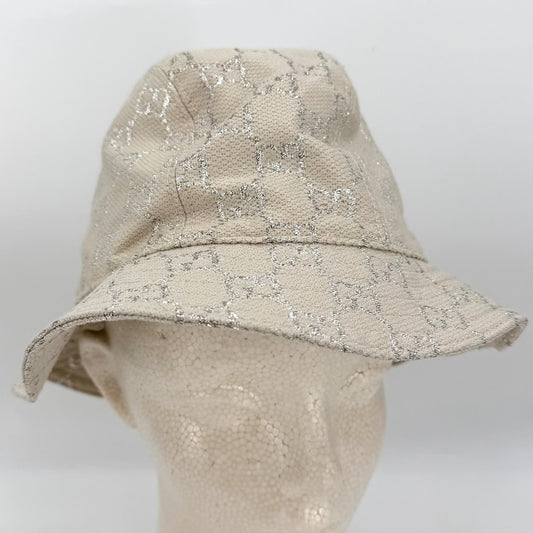 【開店SALE】 GUCCI グッチ ハット GGラメ バケットハット ファッションアイテム Mサイズ 総柄 帽子 631951 ウール ナイロン 金属繊維 ベージュ レディース【中古品】