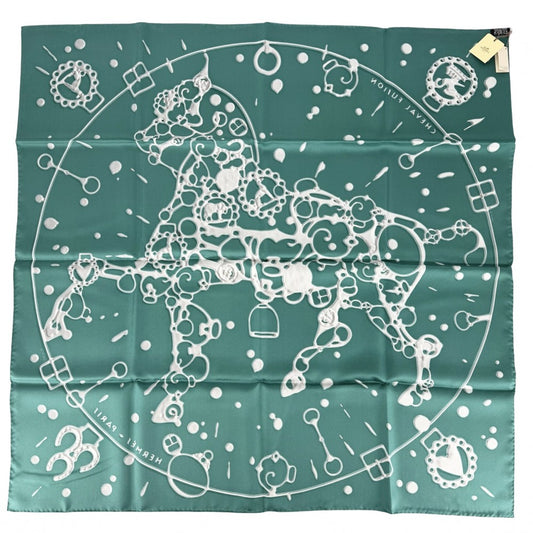 HERMES エルメス スカーフ カレ90 CHEVAL FUSION シュヴァル フュージョン ファッションアイテム Carres シルク グリーン 緑 ホワイト 白 レディース【中古品】
