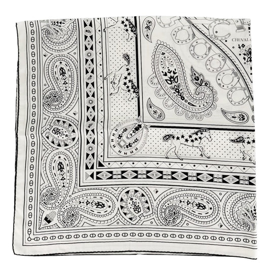 HERMES エルメス スカーフ カレ140 シュヴァル・ドゥ・クール・バンダナ カレジェアン ファッションアイテム LE JARDIN DE LA MAHAR カシミヤ シルク ホワイト 白 ブラック 黒 レディース【中古品】