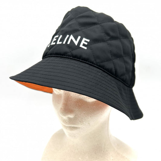 CELINE セリーヌ 帽子 キルティング バケットハット ナイロンツイル ロゴプリント ファッションアイテム Lサイズ 2AUB0930C ナイロン ブラック 黒 オレンジ メンズ【中古品】