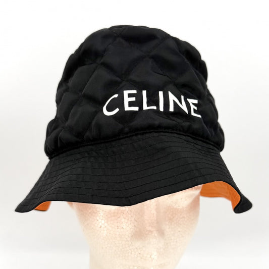 CELINE セリーヌ 帽子 キルティング バケットハット ナイロンツイル ロゴプリント ファッションアイテム Mサイズ 2AUB0930C ナイロン ブラック 黒 オレンジ メンズ【中古品】