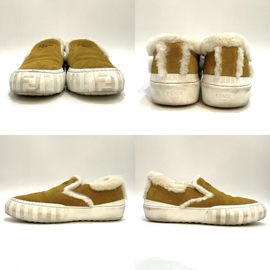 FENDI フェンディ スリッポン スニーカー ロゴ 靴 8サイズ 27cm スウェード ラバー ファー ベージュ ホワイト 白 メンズ【中古品】