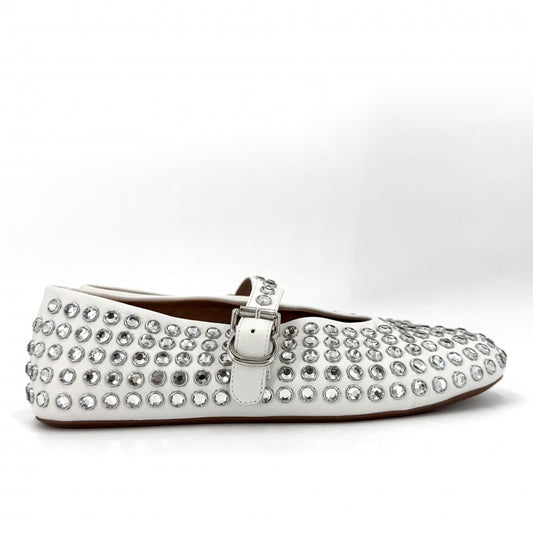 【開店SALE】 パンプス フラットシューズ ビジュー シューズ 靴 ALAIA アライア 37 1/2サイズ 約24.5cm レザー ラインストーン ホワイト 白 シルバー金具 レディース【中古品】