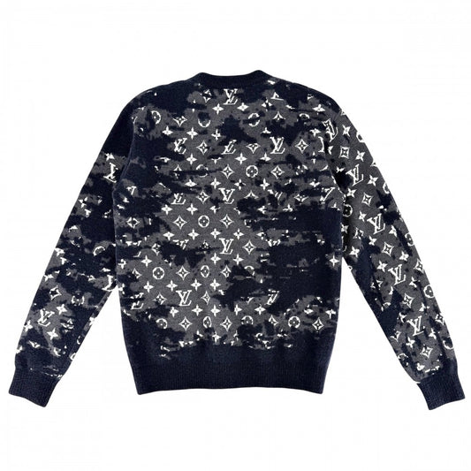 LOUIS VUITTON ルイヴィトン ニット モノグラム ディストレスト トップス 長袖 アパレル 服 XS ネイビー 紺 グレー 秋 冬 ウール ナイロン メンズ【中古品】