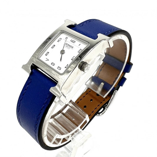 【開店SALE】 HERMES エルメス 腕時計 Hウォッチ ホワイト文字盤 H WATCH 革ベルト 電池式 HH1.201 クオーツ レザー ステンレススチール ブルー 青 シルバー レディース 2016年【中古品】
