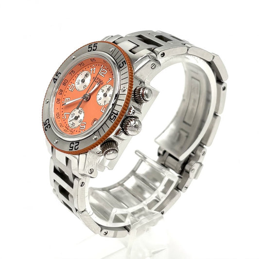 【開店SALE】 HERMES エルメス 腕時計 クリッパー クロノグラフ ダイバー デイト SS 電池式 CL2.316 クオーツ ステンレススチール シルバー オレンジ メンズ【中古品】
