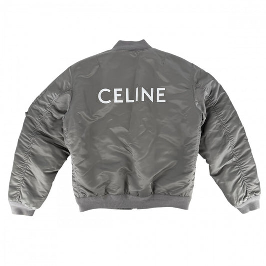 CELINE セリーヌ ブルゾン ロゴ アウター ボンバージャケット MA-1 アパレル 服 46 2W426889 グレー系 シルバー金具 ナイロン メンズ【中古品】