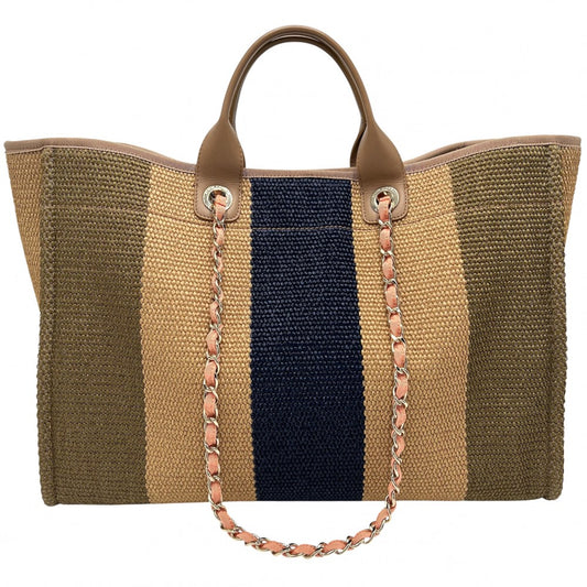 CHANEL シャネル 2WAY ドーヴィルライン ココマーク チェーントートバッグ ハンドバッグ ストロー レザー ベージュ ブラウン 茶 ゴールド金具 レディース【中古品】