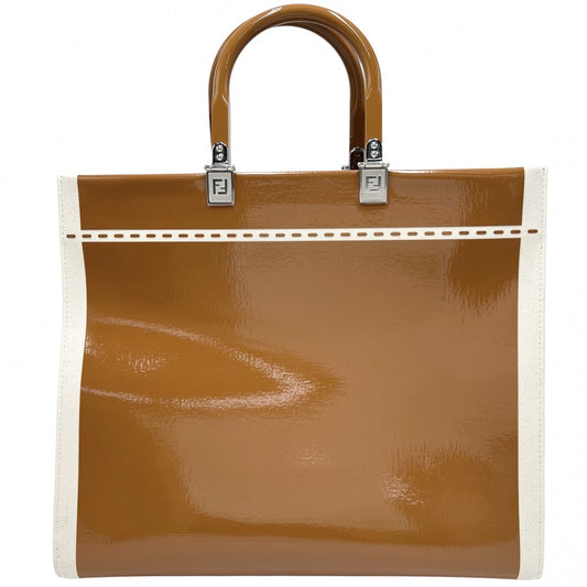 FENDI フェンディ 2WAY サンシャインミディアムショッパー ハンドバッグ トートバッグ ショルダーバッグ 8BH386 キャンバス パテントレザー ブラウン 茶 アイボリー シルバー金具 レディース【中古品】