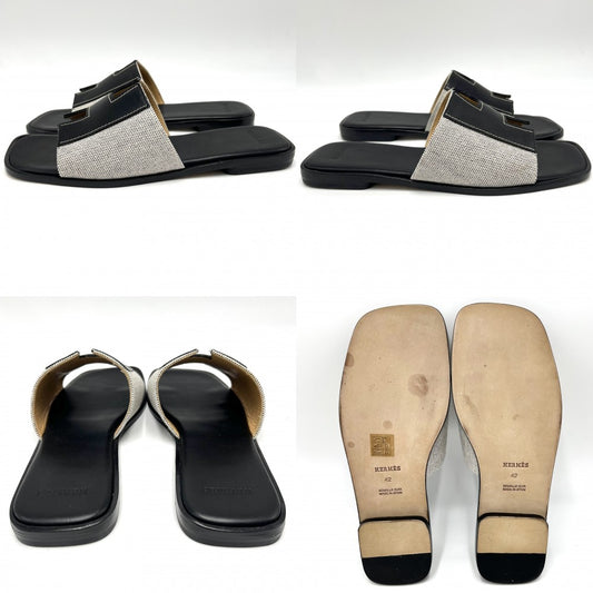 HERMES エルメス サンダル イズミール フラットシューズ 靴 42サイズ 約28cm 春 夏 レザー キャンバス ブラック 黒 レディース【中古品】