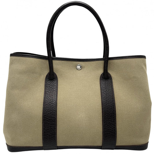 HERMES エルメス ハンドバッグ ガーデンパーティPM トートバッグ □F キャンバス レザー カーキ ブラウン 茶 シルバー金具 レディース 2002年【中古品】