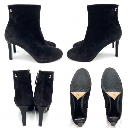 【開店SALE】 CHANEL シャネル ブーツ サイドジップ ショートブーツ ココマーク シューズ 靴 ピンヒール 36サイズ 約23cm G33552 スウェード ブラック 黒 ゴールド金具 レディース【中古品】