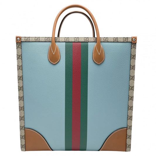 GUCCI グッチ 2WAY ウェブGG ミディアムトートバッグ ハンドバッグ ショルダーバッグ GGスプリーム 723885 PVCコーティングキャンバス レザー ブルー 青 ベージュ シルバー金具 レディース【中古品】