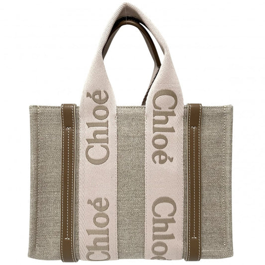 【開店SALE】 Chloe クロエ 2WAY WOODY ウッディ スモールトートバッグ ハンドバッグ ショルダーバッグ CHC23AS397L1726Y リネンキャンバス カーフスキン ベージュ ブラウン 茶 ゴールド金具 レディース【中古品】