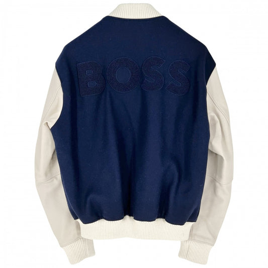 【秋物特集】 BOSS ボス ブルゾン 大谷翔平コラボ ベースボールジャケット BOSS X SHOHEI OHTANI アウター 48 10260760 ネイビー 紺 ホワイト 白 ブラック金具 秋 冬 ウール ナイロン 牛革 メンズ【中古品】