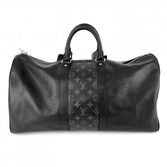 【開店SALE】 LOUIS VUITTON ルイヴィトン ボストンバッグ 2WAY ショルダーバッグ タイガラマ キーポルバンドリエール50 Keepall Bandouliere50 トラベルバッグ 旅行バッグ M53763 ブラック 黒 シルバー金具 メンズ【中古品】