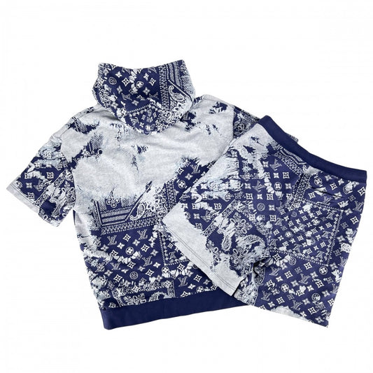 【開店SALE】 LOUIS VUITTON ルイヴィトン セットアップ モノグラムバンダナ スウェットパーカー ショートスリーブフーディパーカー ハーフパンツ 半ズボン アパレル 服 22SS 半袖 M ブルー 青 ホワイト 白 コットン メンズ【中古品】