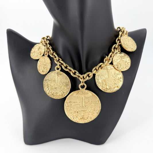 CHANEL シャネル ネックレス ココマーク ココ チェーン ヴィンテージ ラウンド コインモチーフ メダル アクセサリー GP ゴールド レディース 約118.2g【中古品】