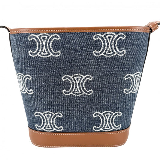 【開店SALE】 CELINE セリーヌ ショルダーバッグ トリオンフ ミニバケット キュイル デニム カーフレザー インディゴ ブラウン 茶 ゴールド金具 レディース【中古品】