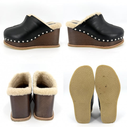 【開店SALE】 HERMES エルメス サンダル アース サンダル サボ ウェッジソール スタッズ 靴 シューズ 36サイズ 約23cm 春 夏 秋 レザー ムートン ブラウン 茶 ブラック 黒 レディース【中古品】