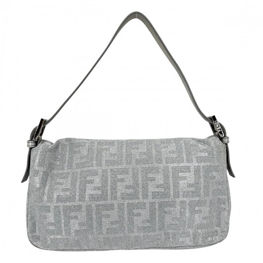 【開店SALE】 FENDI フェンディ ショルダーバッグ ズッカ マンマバケット セミショルダーバッグ ラメ ミラー付き 8BR600 キャンバス レザー ラインストーン シルバー シルバー金具 レディース【中古品】