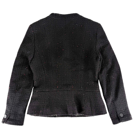 【開店SALE】 CHANEL シャネル ノーカラージャケット ココマーク ツイード ココボタン アパレル アウター 服 36 ブラック 黒 バーガンディ シルバー金具 ウール アクリル レーヨン ナイロン レディース 2001年【中古品】