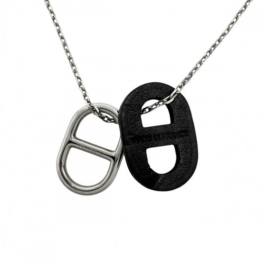 【開店SALE】 HERMES エルメス ネックレス O'MAILLON オーマイヨン シェーヌダンクル ペンダント アクセサリー レザー シルバー ブラック 黒 レディース 約4.3g【中古品】