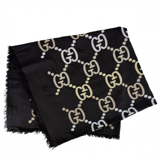 【開店SALE】 GUCCI グッチ ストール GG 総柄 スカーフ ファッションアイテム 694813 コットン シルク カシミヤ ブラック 黒 マルチカラー レディース【中古品】