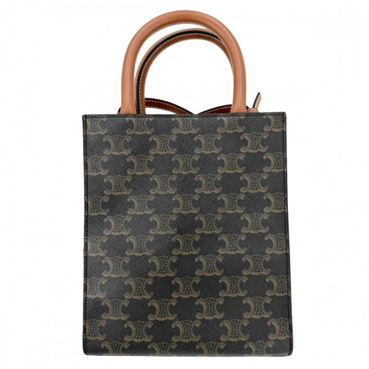 【開店SALE】 CELINE セリーヌ 2WAY ミニ バーティカルカバ ショルダーバッグ トートバッグ Mini Vertical Cabas ハンドバッグ プリント ロゴ タン 194372BZK.04LU レザー キャンバス ブラウン 茶 ゴールド金具 レディース【中古品】