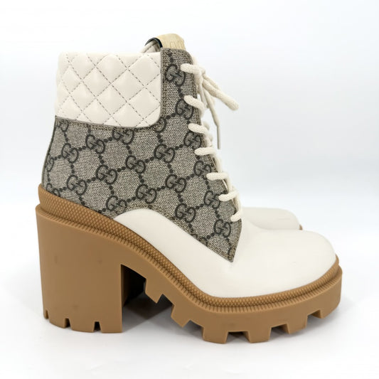 【開店SALE】 GUCCI グッチ ブーツ アンクルブーツ ショートブーツ 厚底 キルティング 36 1/2 約23.5cm 靴 シューズ 659691 GGスプリームキャンバス ラバー レザー ホワイト 白 ブラウン 茶 レディース【中古品】