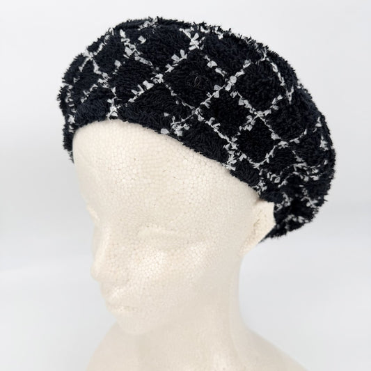 CHANEL シャネル ベレー帽 チェック ファッションアイテム 帽子 ココマーク Mサイズ 春 秋 冬 コットン ポリアミド ポリエステル ブラック 黒 ホワイト 白 レディース【中古品】