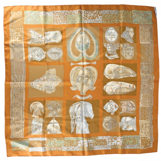 【開店SALE】 HERMES エルメス スカーフ カレ90 PERSONA ペルソナ ファッションアイテム Carres シルク オレンジ ブラウン 茶 レディース【中古品】