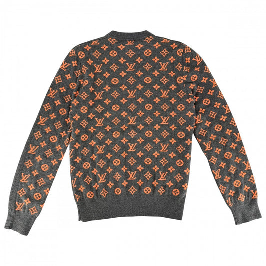 【開店SALE】 LOUIS VUITTON ルイヴィトン ニット モノグラム トップス クルーネックセーター 長袖 アパレル 服 XS グレー オレンジ 秋 冬 カシミヤ ウール メンズ【中古品】