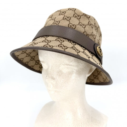 【開店SALE】 GUCCI グッチ ハット GGキャンバス フェドラハット バケットハット ファッションアイテム Sサイズ 総柄 帽子 576587 コットン ポリエステル ベージュ ブラウン 茶 メンズ【中古品】