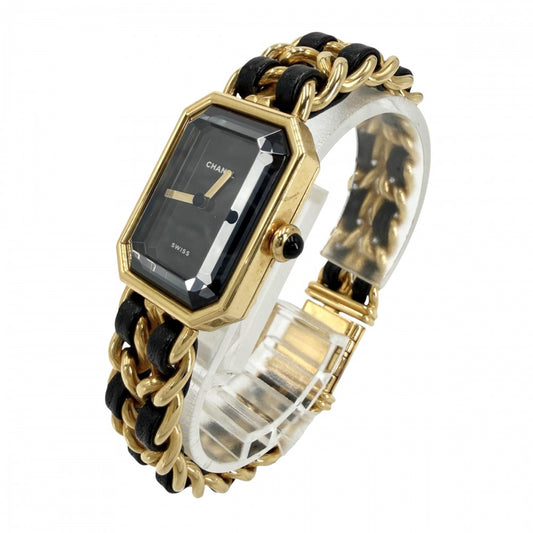 【開店SALE】 CHANEL シャネル 腕時計 プルミエールL ウォッチ 電池式 黒文字盤 QZ クオーツ GP レザー ゴールド ブラック 黒 レディース【中古品】