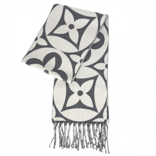 【開店SALE】 LOUIS VUITTON ルイヴィトン マフラー モノグラムフラワー LV メダリオン 小物 防寒具 グレー ホワイト M92857 冬 ウール グリ・クレール レディース【中古品】