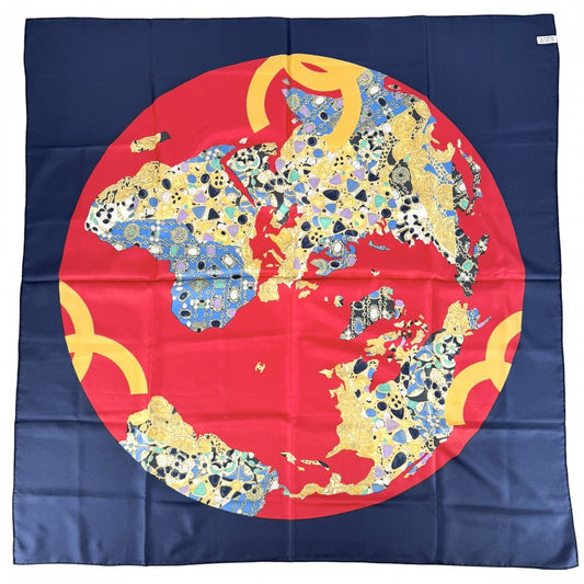 CHANEL シャネル スカーフ ココマーク ファッションアイテム 大判 小物 アクセサリモチーフ シルク ネイビー 紺 レッド 赤 レディース【中古品】