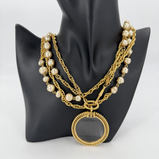 CHANEL シャネル ネックレス ロングネックレス ペンダント ルーペ ココマーク ヴィンテージ アクセサリー GP フェイクパール レディース 約117.2g 1984年【中古品】