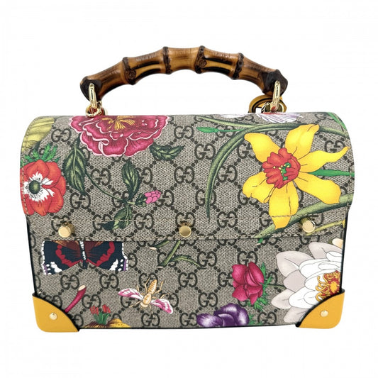 GUCCI グッチ 2WAY GGフローラ バンブー ハンドバック ショルダーバッグ 花 蝶 603221 GGスプリームキャンバス レザー ブラウン 茶 マルチカラー ゴールド金具 レディース【中古品】